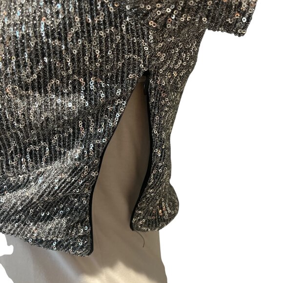 ZARA Silver Sequins Crop Top Size Small Twist Knot Plunge Front Long Sleeves - Picture 6 of 11